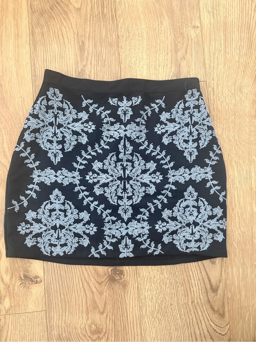 Francesca's Collections Black Mini Skirt with Pale Blue Embroidery